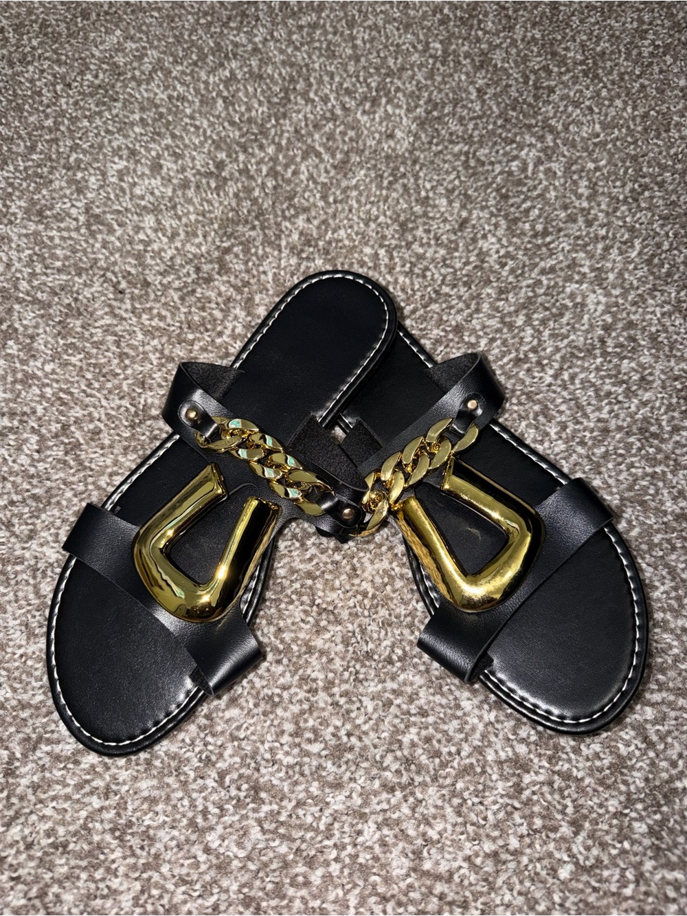 Black Slide Sandals with Gold Chain & Hardware